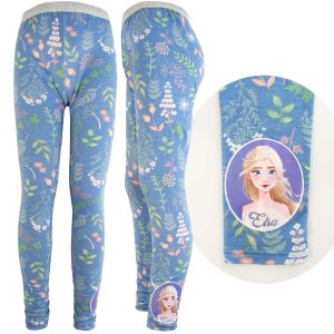 niebieski legginsy dziewczęce getry w roślinny kwiecisty pastelowy motyw z nadrukiem Elzy z Krainy lody dla dziewczynki Frozen
