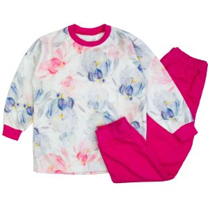 piżama dziecięca dla dziewczynki bluzka długi rękaw w pastelowe kwiaty i amarantowe spodenki Mrofi CiuchCiuch
