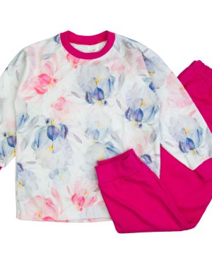 piżama dziecięca dla dziewczynki bluzka długi rękaw w pastelowe kwiaty i amarantowe spodenki Mrofi CiuchCiuch
