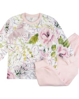 pastelowa piżama piżamka bawełniana w kwiaty dla dziewczynki długi rękaw czysta bawełna pudrowy róż dla dziewczynki polska CiuchCiuch