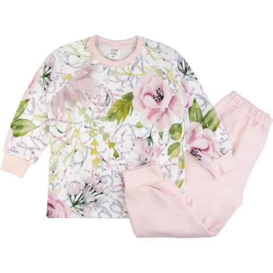 pastelowa piżama piżamka bawełniana w kwiaty dla dziewczynki długi rękaw czysta bawełna pudrowy róż dla dziewczynki polska CiuchCiuch