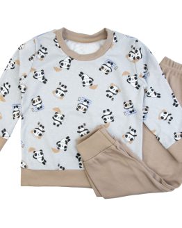 piżama bawełniana dziecięca panda długi rękaw beżowe spodenki bawełniane i szara bluzka długi rękaw z panda piżamka dziecięca dla chłopca i dziewczynki CiuchCiuch