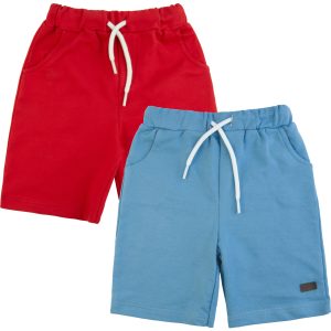 niebieskie i czerwone krótkie spodenki szorty dziecięce bawełniane z cienkiej dresówki z kieszeniami i regulacją w pasie dla chłopca CicuhCiuch