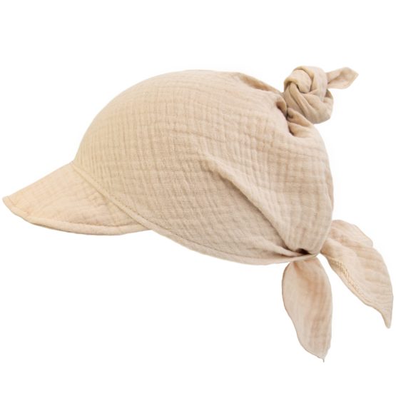 beżowa chusta chustka z daszkiem muślin muślinowa bawełniana czapka niemowlęca dziecięca letnia na upały na słońce wiązana CiuchCiuch