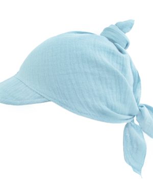 błękitna chusta chustka z daszkiem muślin muślinowa bawełniana czapka niemowlęca dziecięca letnia na upały na słońce wiązana CiuchCiuch