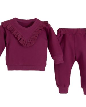 KOMPLET NIEMOWLĘCY dla dziewczynki dresik bluza i spodenki dresowe na prezent z koronką w kolorze burgundu