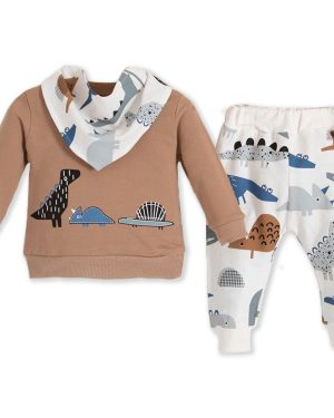 komplet niemowlęcy w dinozaury beż bluza spodenki dresowe i apaszka dla chłopca na prezent