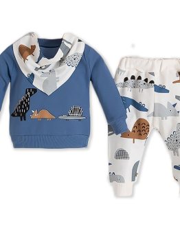 komplet niemowlęcy w dinozaury niebieski bluza spodenki dresowe i apaszka dla chłopca na prezent