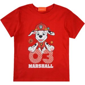 czerwona koszulka dziecięca dla chłopca i dziewczynki z kolorowym nadrukiem piesków z bajki Psi Patrol t-shirt dziecięcy bawełna