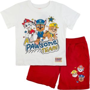 komplet bawełniany dla chłopca letni Psi Patrol krótkie spodenki z dresówki szorty czerwone z kieszonkami biała koszulka t-shirt krótki rękaw z nadrukiem komplet na prezent dla chłopca z bajki