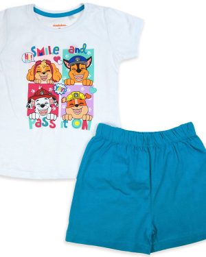 letnia piżamka piżama dla dziewczynki krótki rękaw koszulka i szorty krótkie spodenki biało-niebieska z nadrukiem z bajki psi patrol prezent dla dziewczynki