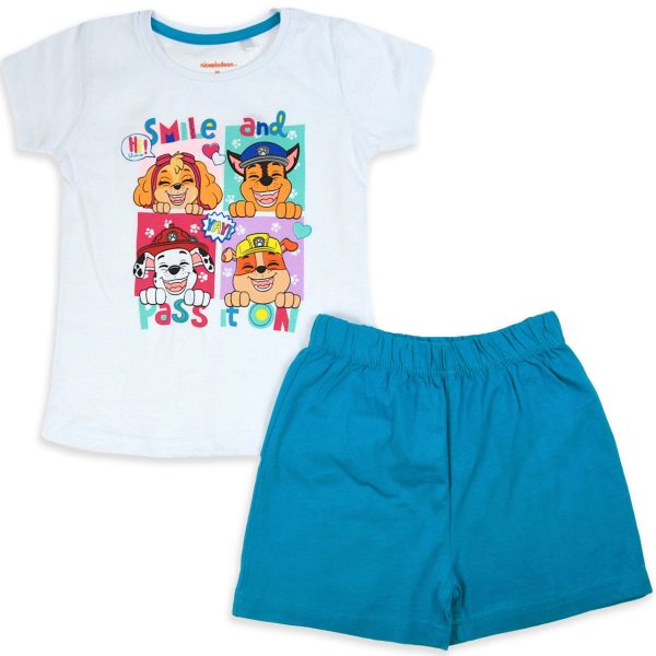 letnia piżamka piżama dla dziewczynki krótki rękaw koszulka i szorty krótkie spodenki biało-niebieska z nadrukiem z bajki psi patrol prezent dla dziewczynki