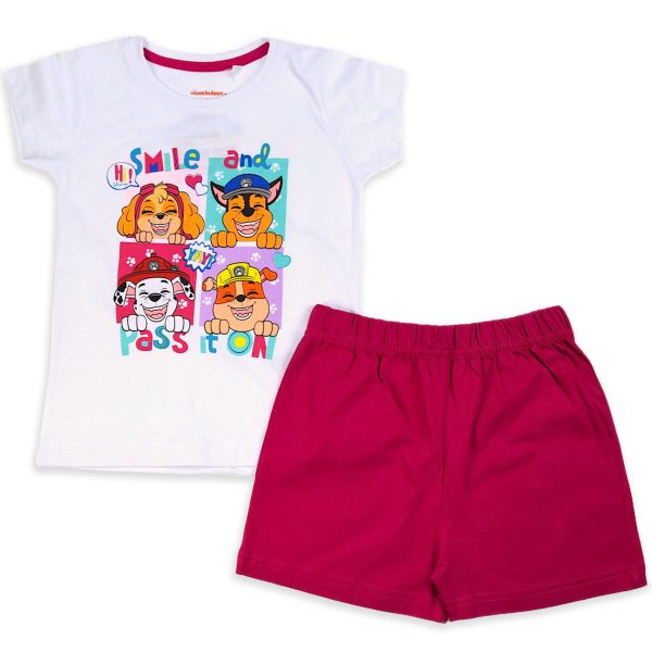 letnia piżamka piżama dla dziewczynki krótki rękaw koszulka i szorty krótkie spodenki biało-różowa z nadrukiem z bajki psi patrol prezent dla dziewczynki