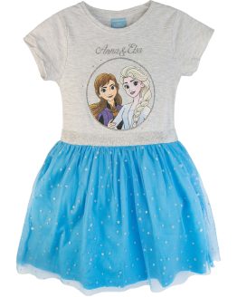 sukienka bawełniana Frozen Kraina Lodu Anna i Elza szaro błękitna z tiulem i brokatem krótki rękaw z nadrukiem z bajki idealna dla dziewczynki na prezent Disney CiuchCiuch