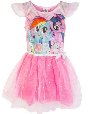różowa błyszcząca sukienka dziewczęca przebranie na balik dla przedszkolaka z tiulem i brokatem nakrapiana mieniąca się w świetle z falbankami i kokardą z kucykami My Little Pony CiuchCiuch