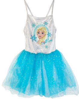 sukienka na cienkich ramiączkach mieniąca z błękitnym tiulem z nadrukiem Elzy z Krainy Lodu prezent dla dzieczynki Disney CiuchCiuch