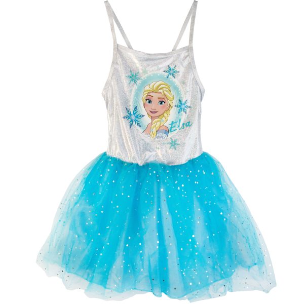 sukienka na cienkich ramiączkach mieniąca z błękitnym tiulem z nadrukiem Elzy z Krainy Lodu prezent dla dzieczynki Disney CiuchCiuch