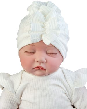 cienki turban niemowlęcy dla dziewczynki czapka niemowlęca z pojedynczej dzianiny prążkowanej śmietankowy ecru CiuchCiuch