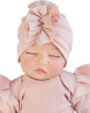 cienki turban niemowlęcy dla dziewczynki czapka niemowlęca z pojedynczej dzianiny prążkowanej pudrowy róż CiuchCiuch