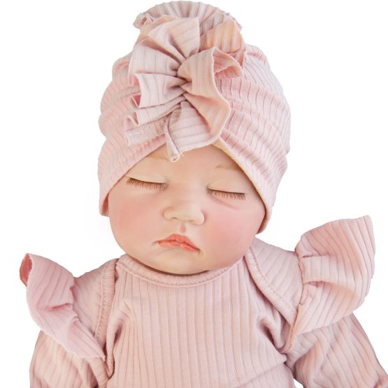cienki turban niemowlęcy dla dziewczynki czapka niemowlęca z pojedynczej dzianiny prążkowanej pudrowy róż CiuchCiuch