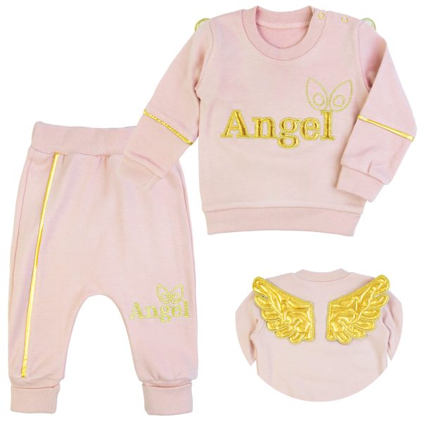 różowy komplet dla dziewczynki ze złotymi skrzydłami wyprawka bluza spodnie
