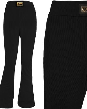 spodnie dziewczęce dzwony prążek czarne z naszywką dla dziewczyny gładkie spodnie prążkowane z rozszerzanymi nogawkami