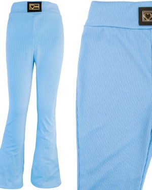 spodnie dziewczęce dzwony prążek niebieskie z naszywką dla dziewczyny gładkie spodnie prążkowane z rozszerzanymi nogawkami