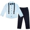 błękitno-granatowy elegancki komplet z koszulą błękit dla chłopca koszula długi rękaw wizytowe spodnie muszka i szelki dla chłopca