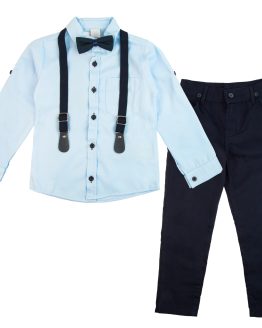 błękitno-granatowy elegancki komplet z koszulą błękit dla chłopca koszula długi rękaw wizytowe spodnie muszka i szelki dla chłopca