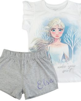 biało-szara piżama dziewczęca elza piżamka letnia krótki rękaw bawełniana z bajki kraina lodu frozen dziewczęca na prezent