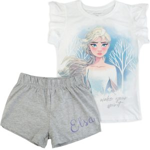 biało-szara piżama dziewczęca elza piżamka letnia krótki rękaw bawełniana z bajki kraina lodu frozen dziewczęca na prezent