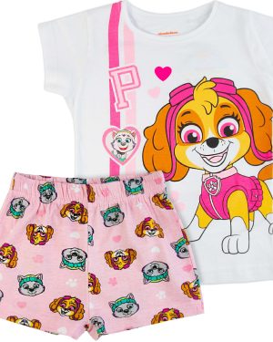jasna piżama piżamka bawełniana krótki rękaw dla dziewczynki dziecięca z bajki psi patrol biało-różowa z pieskiem Skye na bluzce czysta bawełna na lato letnia