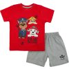letnia piżamka piżama dla chłopca krótki rękaw koszulka czerwona i szorty krótkie spodenki szare z nadrukiem z bajki psi patrol prezent dla chłopca paw patrol