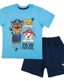 letnia piżamka piżama dla chłopca krótki rękaw koszulka i szorty krótkie spodenki niebieska z nadrukiem z bajki psi patrol prezent dla chłopca paw patrol