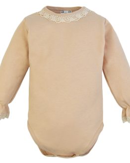 beżowe body niemowlęce długi rękaw z koronką dla dziewczynki eleganckie wizytowe gładkie bawełniane CiuchCiuch