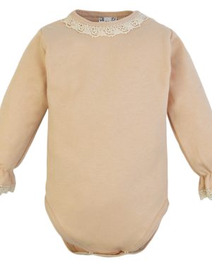 beżowe body niemowlęce długi rękaw z koronką dla dziewczynki eleganckie wizytowe gładkie bawełniane CiuchCiuch