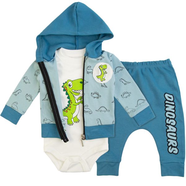 komplet niemowlęcy wyprawka bawełniana 3cz spodenki bluza i body dla chłopca niebieska dinozaur zielony