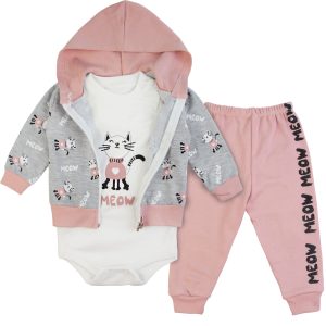 szaro-różowy komplet niemowlęcy MEOW dla dziewczynki body długi rękaw z kotkiem bluza z kapturem i spodenki bawełniane gotowe ubranko na prezent CiuchCiuch