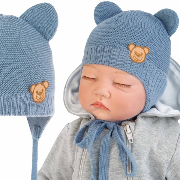 Czapka wiązana miś niebieska dla noworodka i niemowlaka przejściowa wiosna jesień sweterkowa z uszami na podszewce wiązana pod szyją zakrywa uszy wyprawka dla noworodka polska czapeczka niemowlęca z podszewką CiuchCiuch