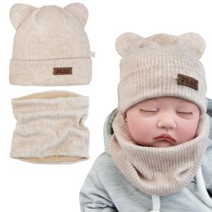 beżowy komplet niemowlęcy z podszewką wiosna jesień przejściowa czapka z uszami i komin lekki ciepły dla noworodka i niemowlaka wyprawka