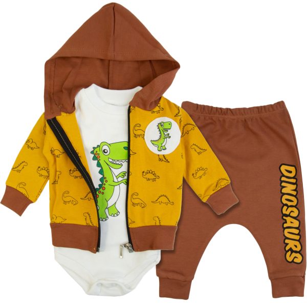 komplet niemowlęcy dino musztardowo-brązowy bluza z kapturem bawełniana na zamek, spodenki bawełniane delikatne i body długi rękaw z zadrukiem dinozaura ubranko na prezent wyprawka baby shower