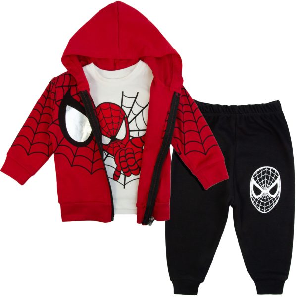 komplet niemowlęcy dziecięcy spider czerwona bluza bawełniana z kapturem, bluzka długi rękaw z nadrukiem i czarne spodnie z bawełny świetny zestaw ubrań na prezent dla malucha