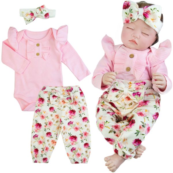 Komplet niemowlęcy 3cz. PRĄŻEK cukierkowe kwiaty dla dziewczynki różowy elegancki kwiaty opaska body spodnie