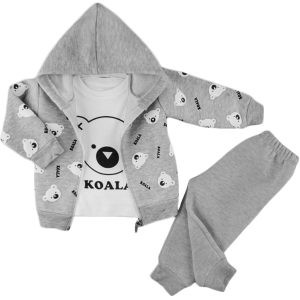 szary komplet dziecięcy koala dla chłopca i dziewczynki szary dresik spodenki bawęłniane i bluza rozpinana z kapturem bluzka długi rękaw z misiami koala bawełniany zestaw ubranko na prezent dla dziecka unisex
