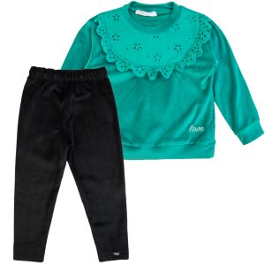 Komplet welurowy dwuczęściowy turkusowy turkus morski niebieski zielony bluza czarne spodnie spodenki bluzka z falbanką falbanka elegancki na okazje welurowy z weluru
