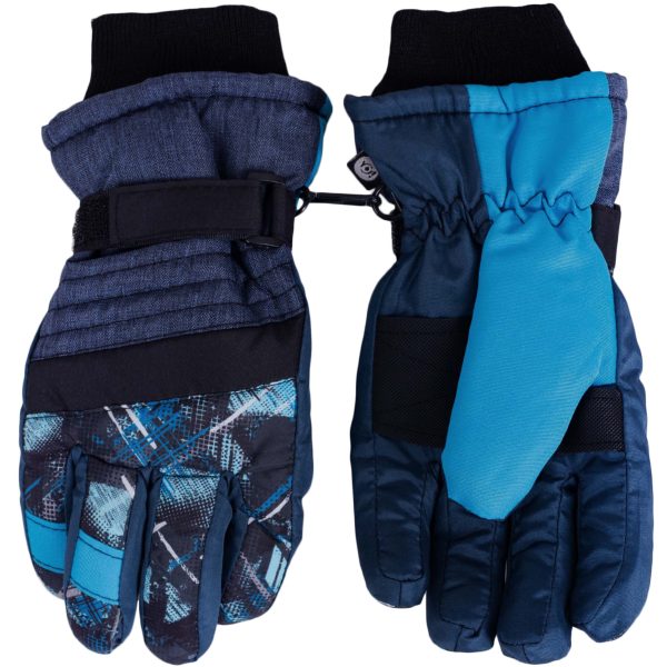 rękawice narciarskie wodoodporne młodzieżowe na narty i deskę dla chłopaka grube ciepłe niebieskie wzorki granatowe ciuchciuch