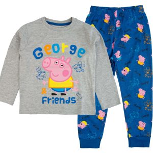 Piżama bawełniana George and Friends jasno szara jasny szary Świnka peppa peppa pig dla chłopca chłopięca niebieski niebieska