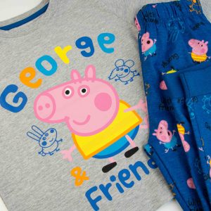 Piżama bawełniana George and Friends jasno szara jasny szary Świnka peppa peppa pig dla chłopca chłopięca niebieski niebieska