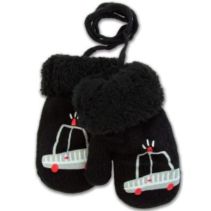 Rękawiczki na futerku z podszewką na sznurku na śnieg zimowe czarne ze sznurkiem z nadrukiem autko samochodzik ciepłe ocieplane dwuwarstwowe z jednym palcem jednopalczaste chłopięce