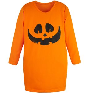 pomarańczowa sukienka bawełniana długi rękaw z nadrukiem dynia halloween wygodna do przedszkola i szkoły dla dziewczynki polska wygodna CiuchCiuch